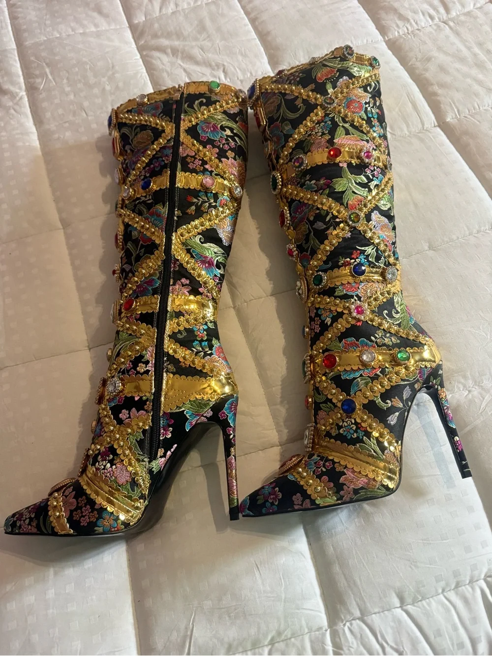 Embellished Black Floral Knee-High Heeled Boots - Picture 3 of 6